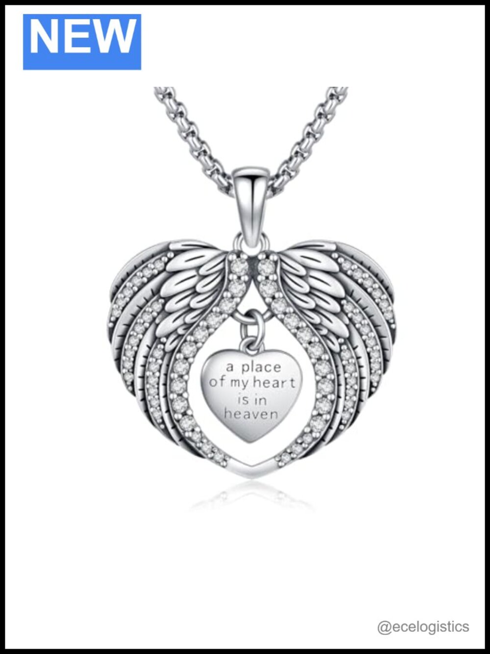 Sterling Silver Angel Wings Heart Memorial Necklace 18in
